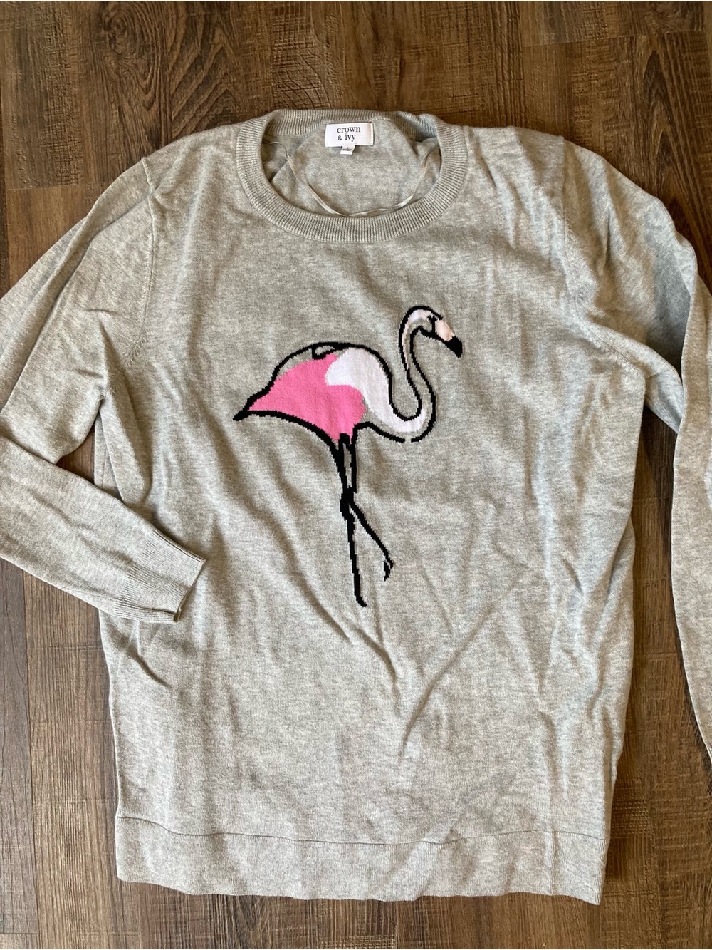 crown & ivy Gray Crewneck Sweater with Pink Flamingo Motif